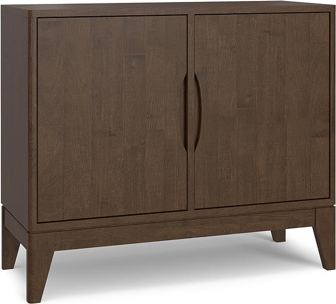 SIMPLIHOME Harper Solid Hardwood and Rubberwood 38 inch x 17 inch Rectangle Mid Century Modern 2 Door Sideboard Buffet/Storage Cabinet in Walnut Brown for The Dining Room and Kitchen - LeafyLoom