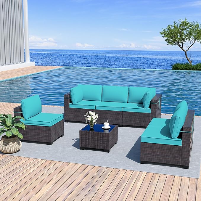 Outdoor Furniture Set 7PCS Patio Furniture for Backyard Wicker Sectional Sofa Set 6 Seats, PE Rattan Outdoor Conversation Set with Thickened Cushions and Glass Coffee Table, Blue - LeafyLoom