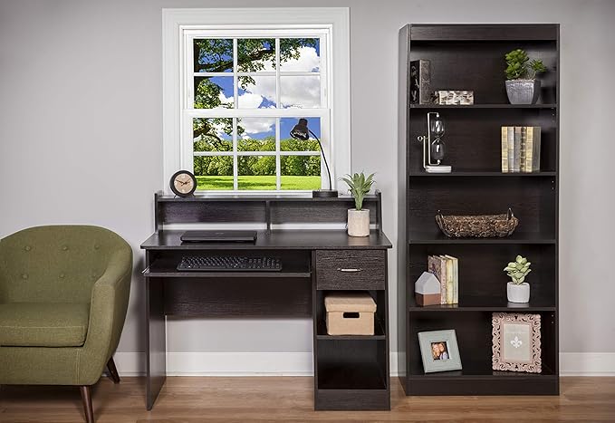 OneSpace Essential Computer Desk, Hutch with Pull-Out Keyboard, Espresso - LeafyLoom