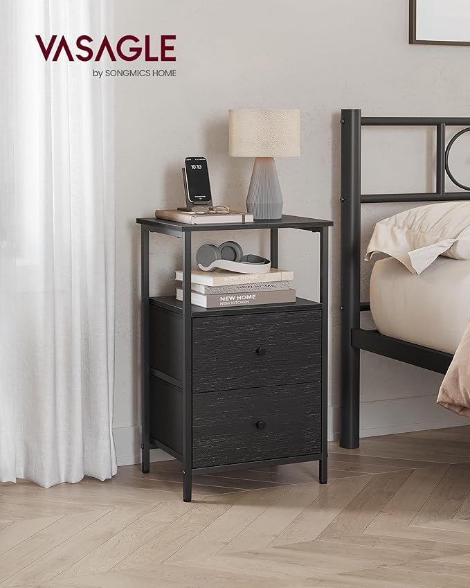 VASAGLE Nightstand, Side Table with 2 Fabric Drawers, 24-Inch Tall End Table with Storage Shelf, Bedroom, Ash Black and Black ULGS025B21 - LeafyLoom