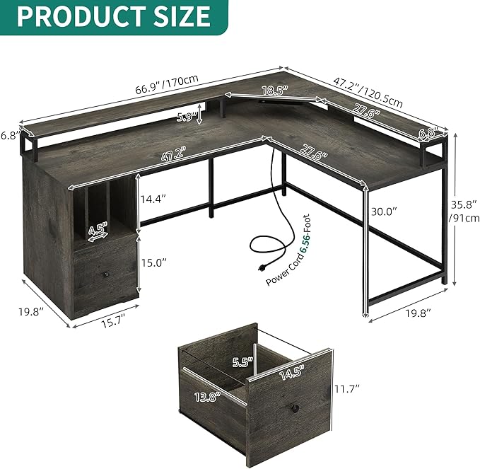 YITAHOME L Shaped Desk with Power Outlets & LED Lights, 67" Computer Desk with File Drawer, Corner Desk Home Office Desk with Monitor Stand & 3 Cubbies Storage Shelves, Grey - LeafyLoom