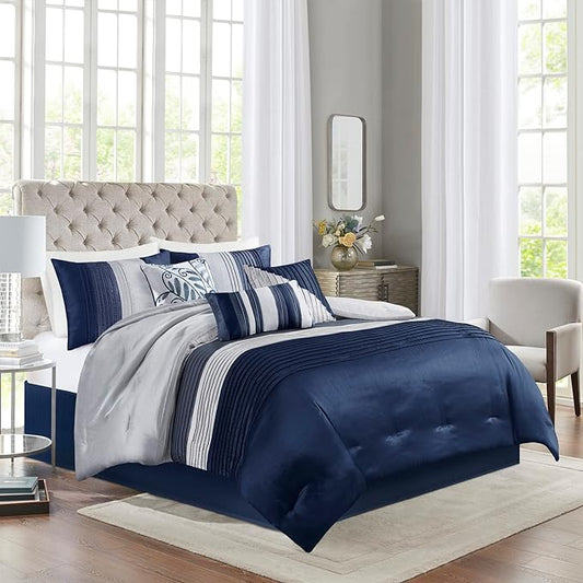 Madison Park Amherst Faux Silk Comforter Set-Casual Contemporary Design All Season Down Alternative Bedding, Matching Shams, Bedskirt, Decorative Pillows, King(104"x92"), Navy, 7 Piece (MP10-2208) - LeafyLoom