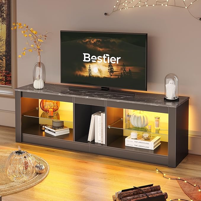 Bestier Entertainment Center LED Gaming TV Stand for 55+ Inch TV Adjustable Glass Shelves 22 Dynamic RGB Modes TV Cabinet Game Console PS4, Black Marble - LeafyLoom