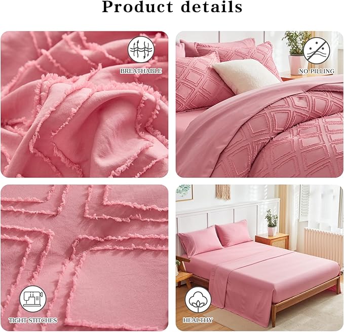 7 Pieces Tufted Bed in a Bag King Comforter Set with Sheets Pink, Soft and Embroidery Shabby Chic Boho Bohemian, Luxury Solid Color with Diamond Pattern, Jacquard Tufts Bedding Set for All Season - LeafyLoom