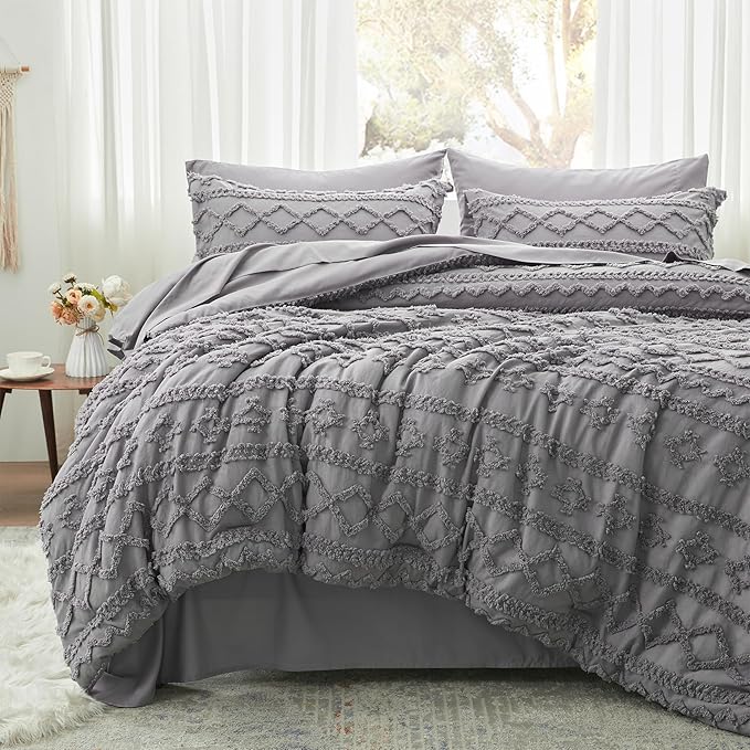 Anluoer Full Comforter Set 7 Pieces, Grey Tufted Bed in a Bag with comforters and sheets, All Season Bedding Sets with 1 Comforter, 2 PillowShams, 2 Pillowcases, 1 Flat Sheet, 1 Fitted Sheet - LeafyLoom