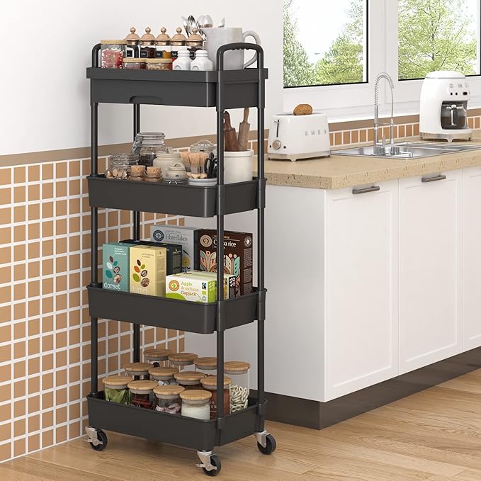 4-Tier Rolling Cart，Trolley with Drawer, Kitchen Storage Organizer with Plastic Shelf & Metal Wheels, Storage Cart for Living Room, Kitchen, Office, Bathroom, Black - LeafyLoom