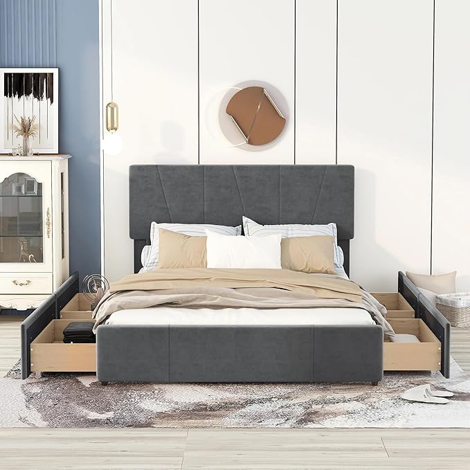 Queen Size Upholstered Platform Bed Frame with 4 Storage Drawers and Adjustable Headboard, Wooden Slats Support, No Box Spring Needed, Gray - LeafyLoom