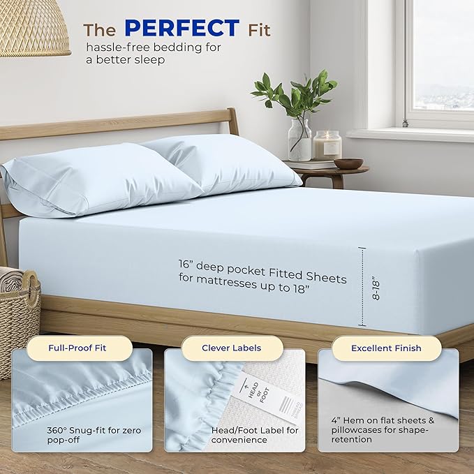 THREAD SPREAD 100% Egyptian Cotton Sheets Twin - 600 Thread Count Sheets Twin, 3 PC Deep Pocket Twin Sheets, Soft, Cooling Sateen Weave Extra Long Twin Sheets for Dorm, 16 in Deep Pocket - Light Blue - LeafyLoom