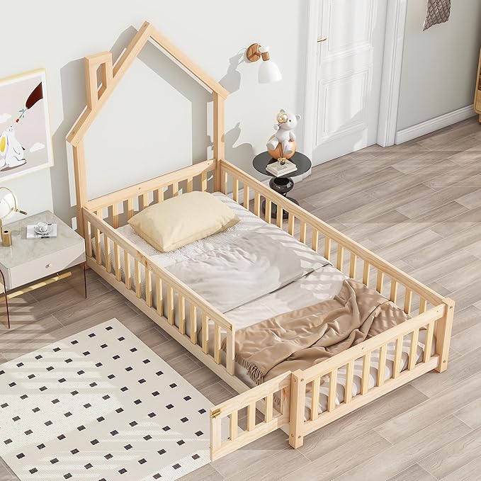 Twin Size Kids Montessori Floor Bed,House-Shaped Headboard Floor Bed for Kids,Floor Bed with Fence and Door,House Bed Twin Frame for Girls,Boys(Twin,Natural) - LeafyLoom