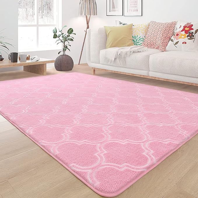 Chicrug Shag Geometric Modern Area Rug for Bedroom, 4x6 Feet Memory Foam Indoor Carpet, Fluffy Rug for Living Room Bedside Room Decor for Family Girls Kids Nursery Play Mat, Pink/White - LeafyLoom