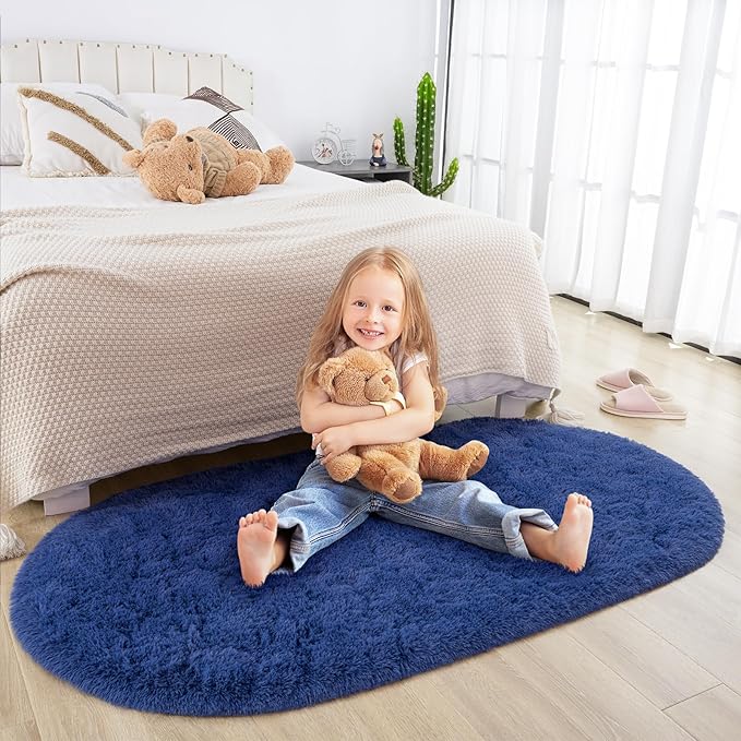 Merelax Soft Shaggy Rug for Kids Bedroom Oval 2.6'x5.3' Light Navy Plush Fluffy Carpet for Living Room, Furry Carpet for Teen Girls Room, Anti-skid Fuzzy Comfy Rug for Nursery Decor Cute Baby Play Mat - LeafyLoom