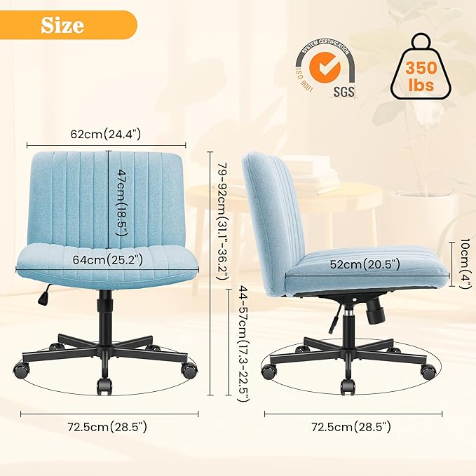 Armless Office Chair with Wheels, Wide Seat Fabric Desk Chair, Height Adjustable Cross Legged Computer Chair for Home Office, Swivel Modern Accent Chair Light Blue - LeafyLoom