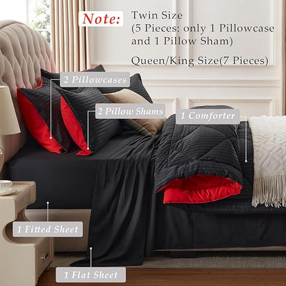 NexHome Black/Red King Bed in a Bag 7-Pieces Comforter Sets with Comforter and Sheets Soft All Season Bedding Sets with Comforter, Pillow Shams, Flat Sheet, Fitted Sheet and Pillowcases - LeafyLoom