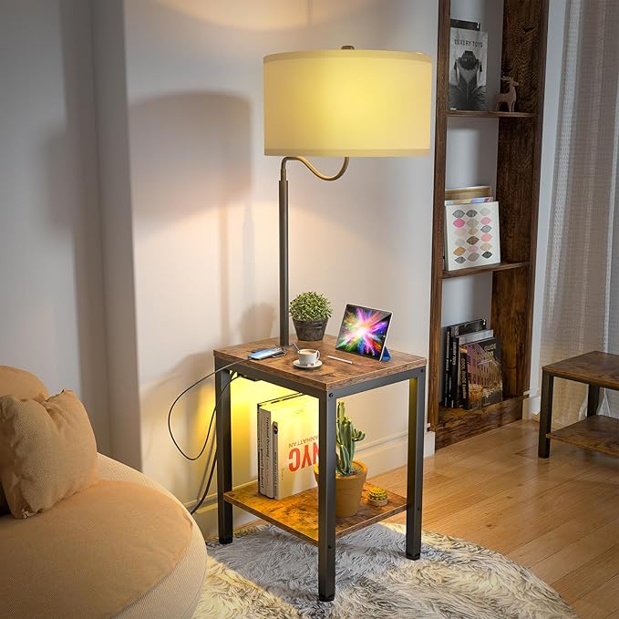 LED Floor Lamp with Table - Rustic Side Table with LED Light and Power Outlet, Bedside Nightstand with Lamp, End Table with Lamp Attached for Living Room, Bedroom, USB Ports, Bulb Included - LeafyLoom