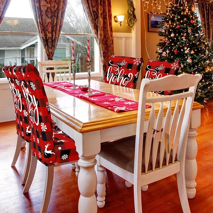 Ganeen 6 Pcs Christmas Chair Covers Merry Christmas Chair Back Cover Stretch Christmas Seat Cover Washable Xmas Dining Chair Protector Slipcover for Dining Room Kitchen Holiday Party(Plaid Style) Ganeen