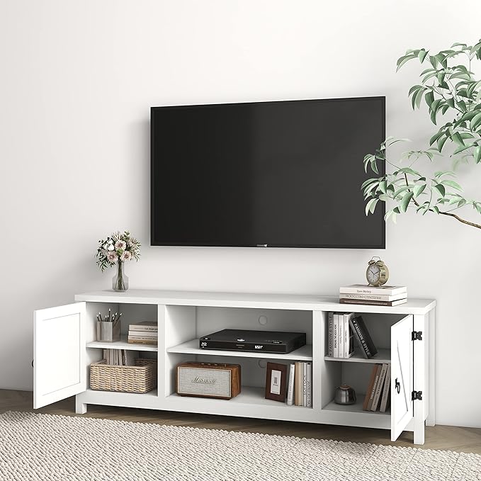 Panana Modern Farmhouse TV Stand, Entertainment Center for 70 inch TV with 2 Doors and Open Shelves for Living Room, Bedroom (White, 65 inch) - LeafyLoom