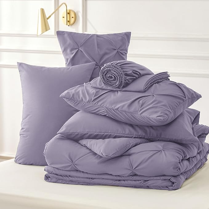 Bedsure Grayish Purple King Size Comforter Set - Bedding Set King 7 Pieces, Pintuck Bed in a Bag Green Bed Set with Comforter, Sheets, Pillowcases & Shams - LeafyLoom