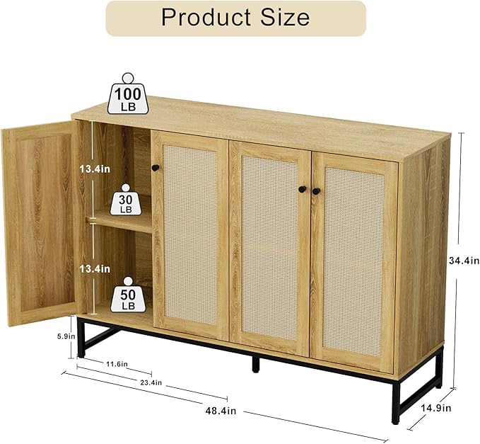 Storage Cabinet, Large Capacity Four-Door Rattan Sideboard with Adjustable Partitions, Metal Cabinet Legs, Modern Elegant Design Accent Cabinet Suitable for Home Office Bar Cafe (Natural Wood) - LeafyLoom