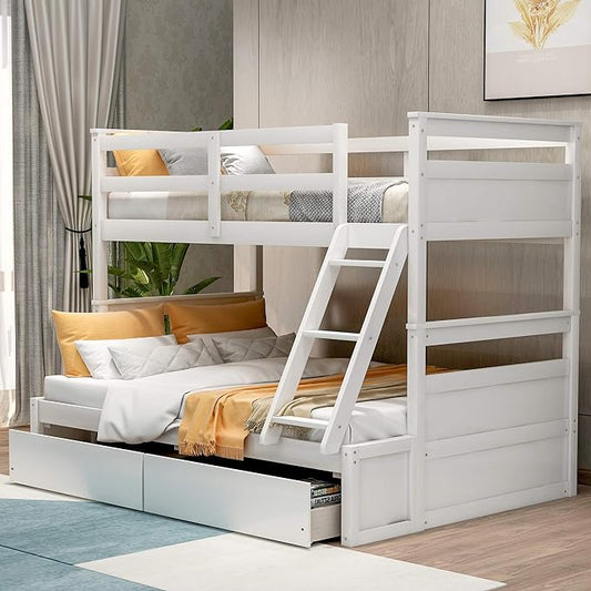 Bunk Bed Frame, Twin Over Full Bunk Bed with Safety Guardrail, Staircase and 2 Underbed Storage Drawers, Ideal Bed Frame for Kids Teens Girls Boys, Space Saving Bedroom Furniture, White - LeafyLoom