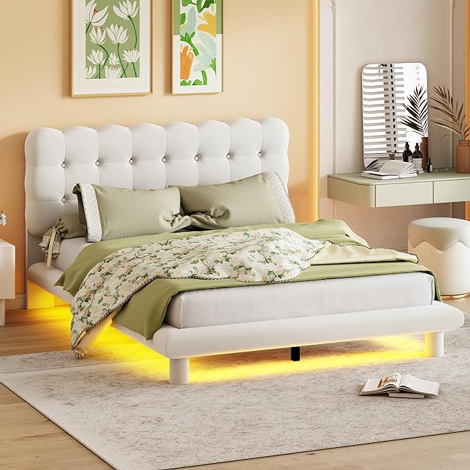 RITSU Queen Size Velvet Fabric Platform Bed, Solid Wood Bedframe with LED, Button Tufted Headboard, includes 16 Colors Lights Can Remote Control, No Box Spring Needed, Beige - LeafyLoom