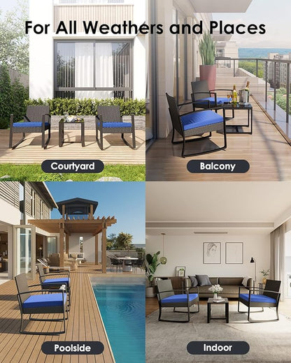 Patio Furniture Set 3 Pieces, Rattan Rocking Patio Chairs, Modern Outdoor Bistro Table and Chairs Conversation Set for Balcony Porch Garden Yard Poolside, Blue - LeafyLoom