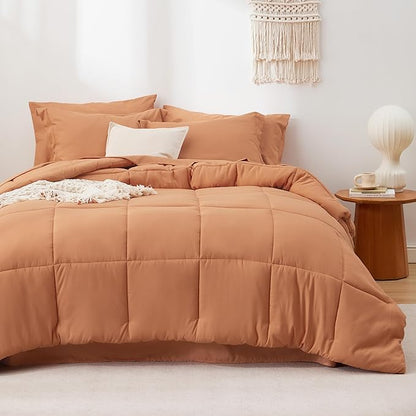 Bedsure Burnt Orange Twin XL Comforter Set - 5 Pieces Solid Twin XL Bed in a Bag for College, Twin XL Bed Set Burnt Orange with Comforters, Sheets, Pillowcase & Sham, Extra Long Twin Comforter Set - LeafyLoom