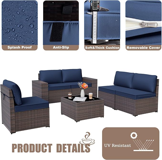 Patio Furniture Set Sofa 6pcs Wicker Sectional Sofa Set, Outdoor Furniture Rattan Patio Conversation Set with Thickened Cushions and Glass Coffee Table, Dark Blue - LeafyLoom