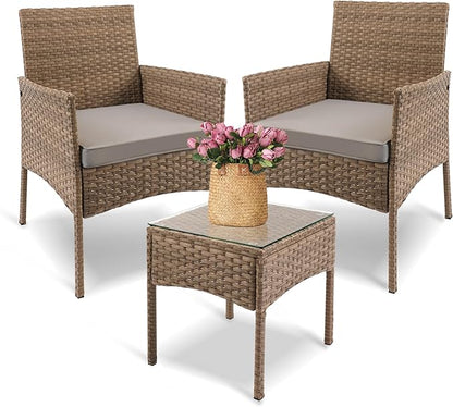 YIYAN 3 Pieces Patio Bistro Set Outdoor Wicker Furniture Outdoor Porch PE Rattan Wicker Chairs Furniture Sets with Sofa Chairs,Glass Coffee Table and Gray Washable Cushion - LeafyLoom