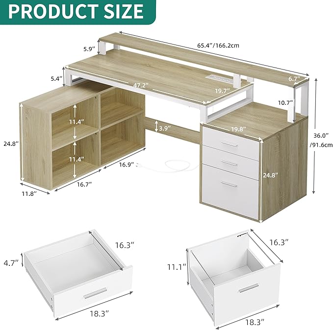 YITAHOME L Shaped Desk with 3 Drawers, 65" Corner Computer Desk with Power Outlets & LED Lights, L-Shaped Desk with File Cabinet & Printer Stand for Home Office, White & Oak - LeafyLoom