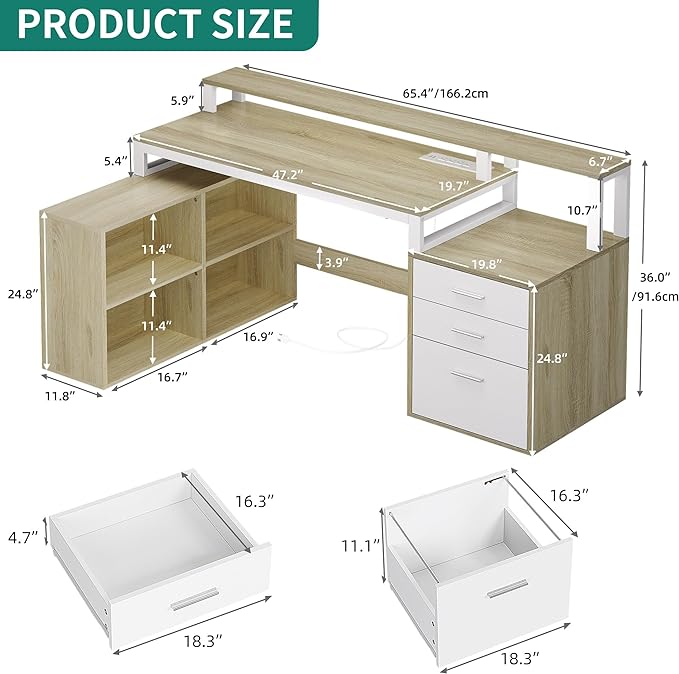 DWVO L Shaped Desk with Power Outlets & LED Lights, 65" Computer Desk with Drawers, Corner Desk Office Desk with File Cabinet & Printer Stand, ﻿White & Oak - LeafyLoom