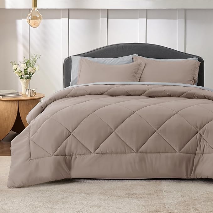 Bedsure Taupe Queen Comforter Set - 7 Pieces Reversible Queen Bed in a Bag Queen Bed Set with Comforters, Sheets, Pillowcases & Shams, Queen Bedding Sets - LeafyLoom