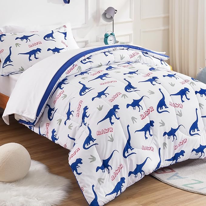 SLEEP ZONE Kids Bedding Set for Boys, Dinosaur Pattern, Super Soft and Breathable, All Season Use Comforter Set, 7 Pieces (Dinosaur Footprints, Full/Queen) - LeafyLoom