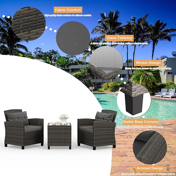 Shintenchi 3 Pieces Patio Furniture Set 3 Pieces PE Rattan Wicker Chairs with Table Outdoor Furniture for Backyard/Garden/Poolside/Outdoor Restaurant Gary Rattan with Gary Cushion - LeafyLoom