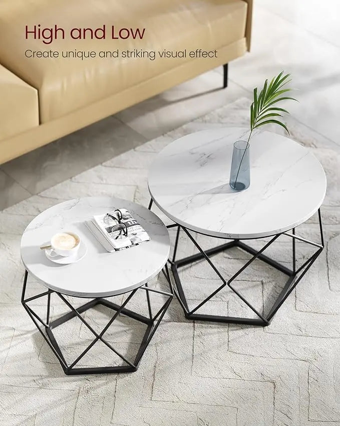 VASAGLE Small Coffee Table Set of 2, Round Coffee Table with Steel Frame, Side End Table for Living Room, Bedroom, Office, Marble White and Ink Black - LeafyLoom