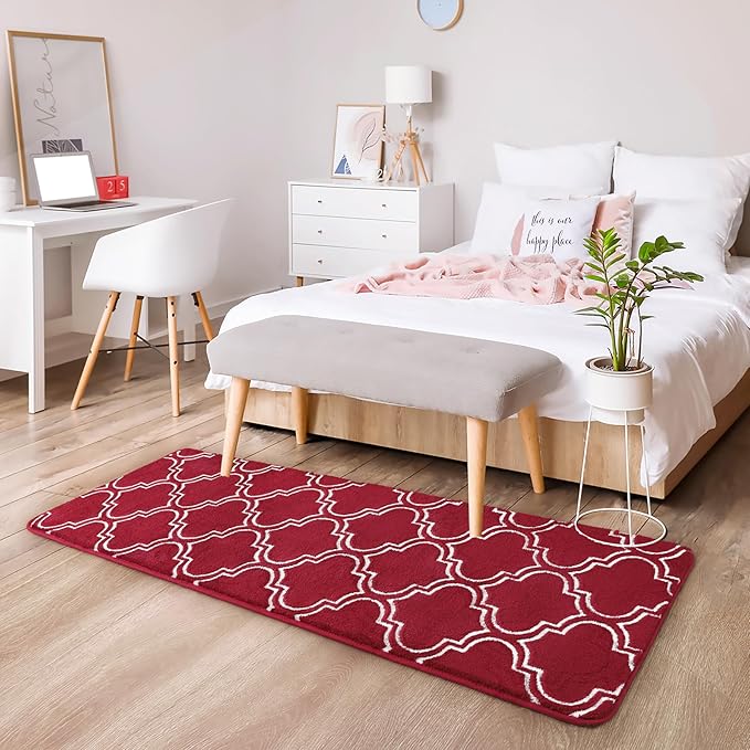 Chicrug Shag Geometric Modern Runner Rug for Bedroom, 2x6 Feet Memory Foam Indoor Hallway Runner Carpet, Fluffy Rug for Living Room Bedside Room Decor for Family, Wine Red/White - LeafyLoom