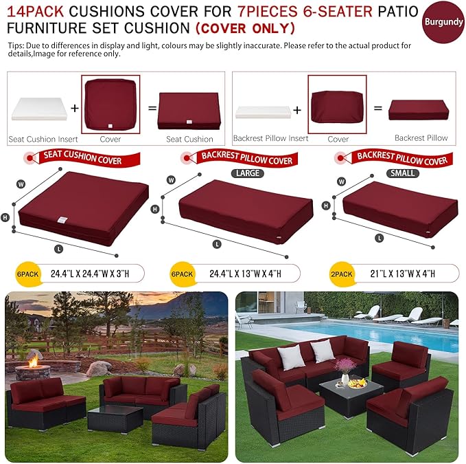 ClawsCover 14Pack Outdoor Patio Seat and Back Cushions Replacement Covers Fit for 7Pieces 6-Seater Wicker Rattan Sectional Couch Chair Furniture Set,Burgundy-Include Cover Only (Small) - LeafyLoom