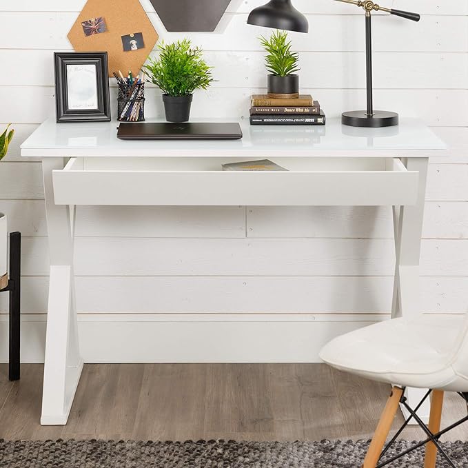 Walker Edison Lawrence Urban Industrial X Leg Glass Top Computer Desk, 48 Inch, White - LeafyLoom