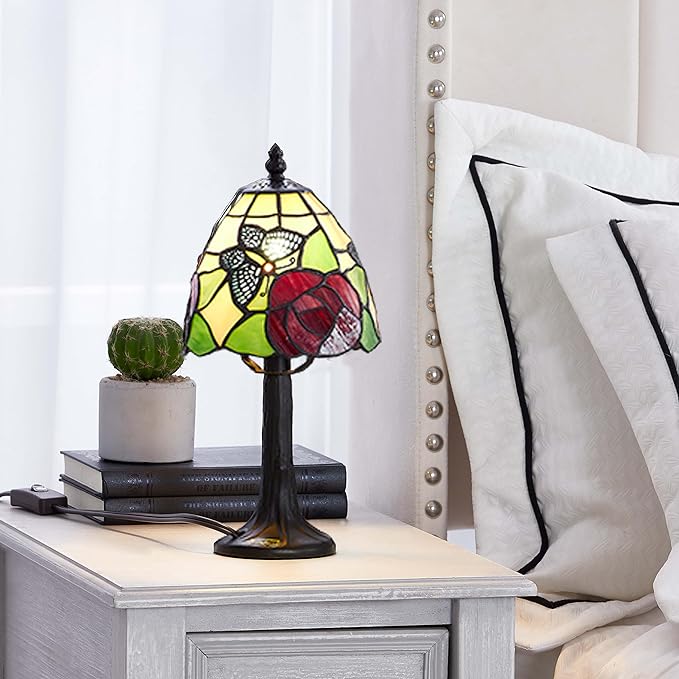 Stained Glass Butterfly with rose Design Table or Desk Light, Tiffany Style mini table Lamp-LED Bulb Included-Vintage Look Colorful Accent Decor - LeafyLoom