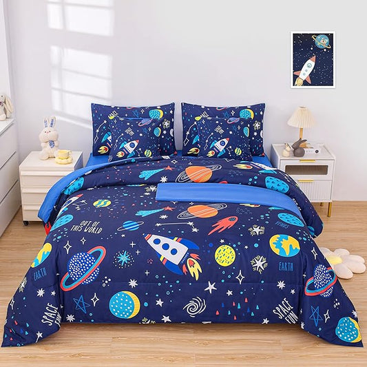 Twin Comforter Set for Boys Girls Space Bedding,Twin Size Comforter Sets Galaxy Bedding Comforter Quilt Set Kids 7pieces,Full Size Bedding Sets with Comforter and Sheets - LeafyLoom