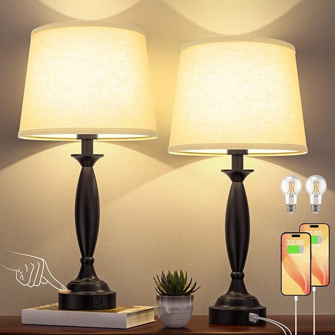 Beige Lamps for Bedrooms Set of 2 - Touch Control Bedside Lamp with USB C+A, 3 Way Dimmable Nightstand Lamps with USB Port, Table Lamp for Living Room(Beige Shade and Black Base) - LeafyLoom