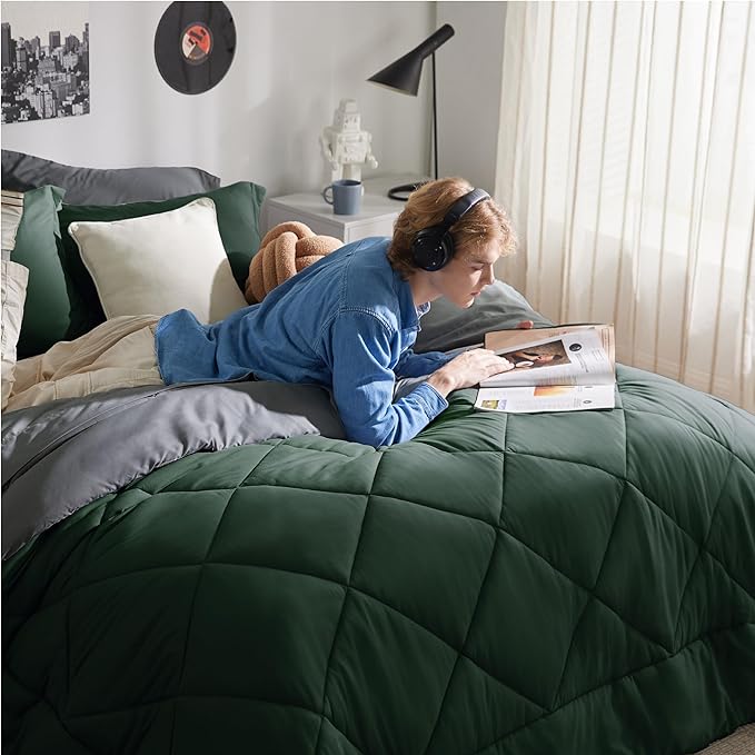 Bedsure Forest Green Twin XL Comforter Set - 5 Pieces Reversible Twin XL Bed in a Bag for College, Extra Long Twin Bed Set Forest Green and Grey with Comforters, Sheets, Pillowcase & Sham - LeafyLoom