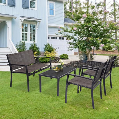 4 Pieces Patio Furniture Set Outdoor Garden Patio Conversation Sets Poolside Lawn Chairs with Tempered Glass Coffee Table Loveseat Porch Furniture Textilene Fabric Brown - LeafyLoom