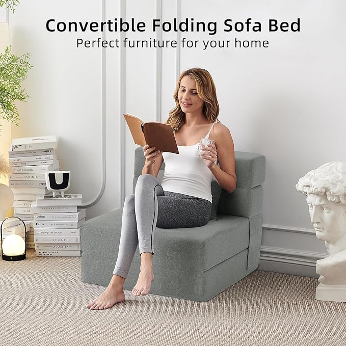 Convertible Folding Sofa Bed - Sleeper Chair with Pillow, Modern Linen Fabric Floor & Futon Couch, Foldable Mattress for Living Room/Dorm/Guest Use/Home Office/Apartment, Single Size Light Gray - LeafyLoom