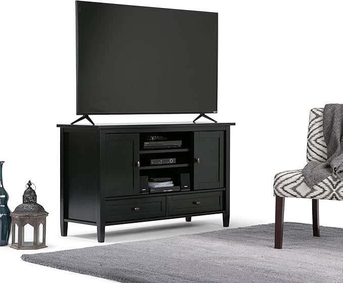 SIMPLIHOME Warm Shaker SOLID WOOD 47 Inch Wide Transitional TV Media Stand in Black For TVs up to 52 Inches, For The Living Room and Entertainment Center - LeafyLoom