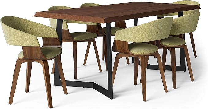 SIMPLIHOME Lowell 7 Pc Dining Set with 6 Upholstered Bentwood Dining Chairs in Acid Green Linen Look Fabric and 72 Inch Wide SOLID MANGO WOOD Table, For the Dining Room and Kitchen - LeafyLoom