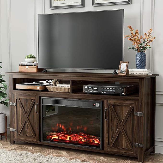 YESHOMY Fireplace TV Stand for Television up to 65+ Inch with Storage and Farmhouse Barn Doors, Entertainment Center with Cabinet and Shelves, Media Console for Living Room, Walnut - LeafyLoom