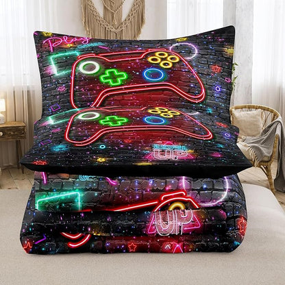 NINENINE Gamer Bedding Sets Twin Comforter Sets for Boys 5PCS Gaming Bedding Sets for Boys Black Bedding Comforter Sheet Set(1Comforter, 1Flat Sheet, 1Fitted Sheet, 2Pillowcases)… - LeafyLoom