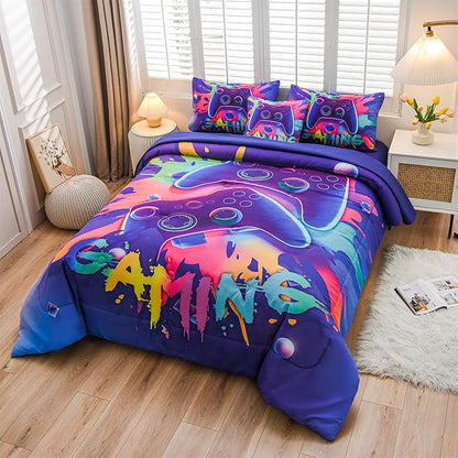 Aimuan Gaming Comforter Sets for Boys Kids Bedding Sets Video Games Console Action Buttons Novelty Colorful Game Gamepad Controller Modern Gamer Room Decor Home Quilt Set (Twin 6 Pcs,Purple) - LeafyLoom