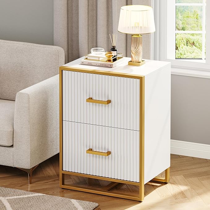 YITAHOME 2 Drawer File Cabinet, Lateral Filing Cabinet for Home Office, White and Gold - LeafyLoom