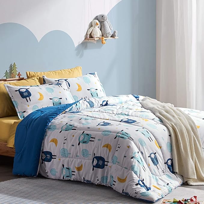 SLEEP ZONE Kids Bedding Comforter Set Full/Queen Size - Super Cute & Soft Kids Bedding 7 Pieces Set with Comforter, Sheet, Pillowcase & Sham (Blue Sheep) - LeafyLoom